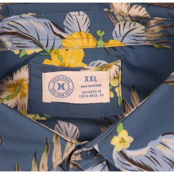 Hurley Mens XXL Blue Hawaiian Floral Hibiscus Short Sleeve Camp Shirt - Picture 3 of 6